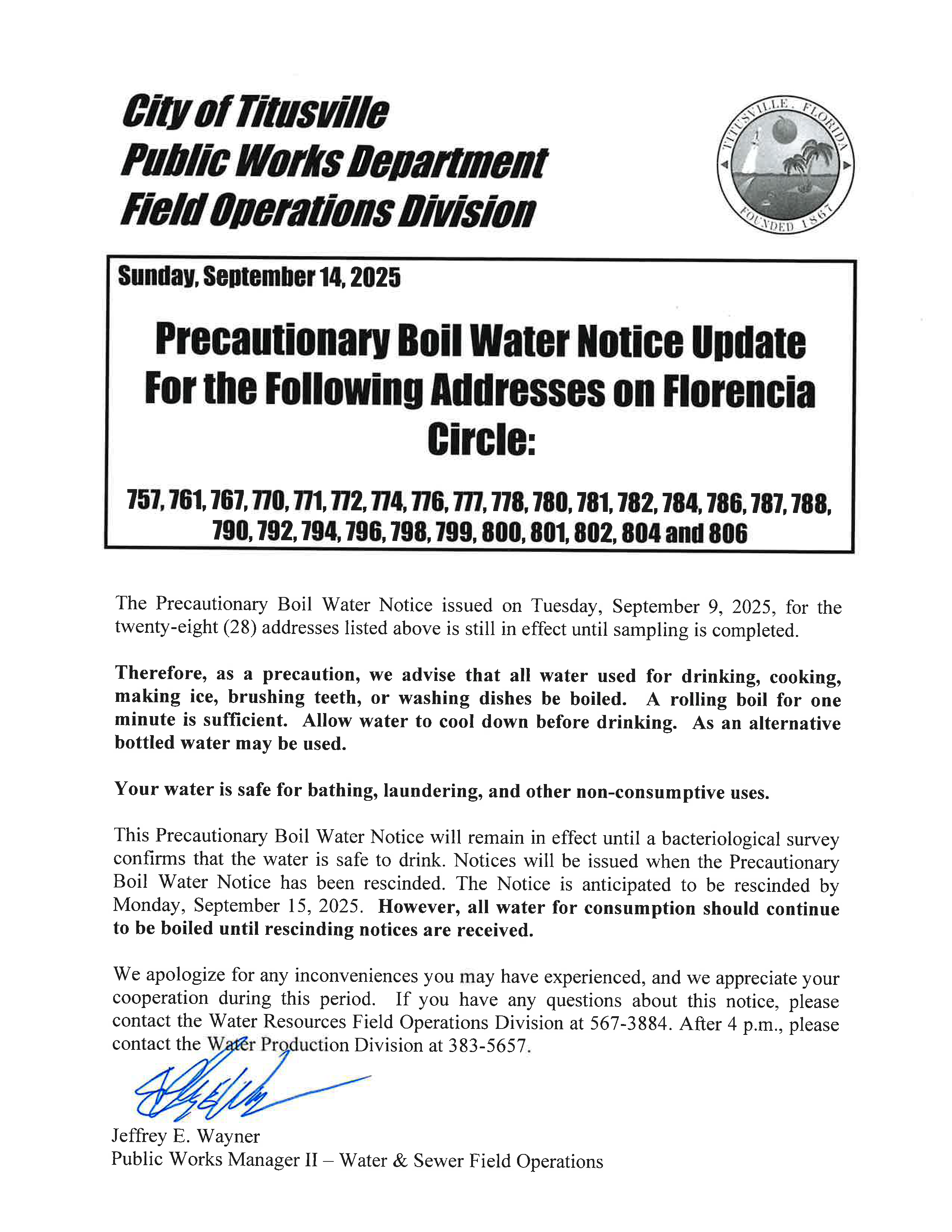 Precuationay Boil Water Extension For Florencia Circle 9-14-25