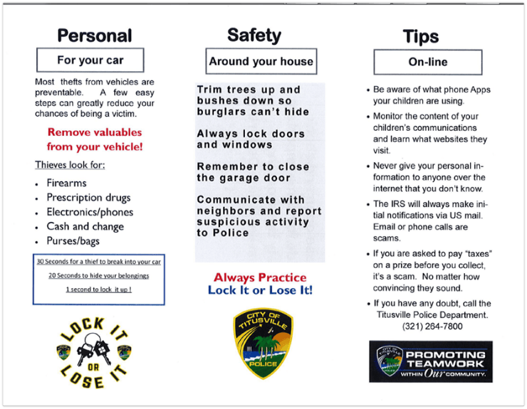 Decorative image of a mailer produced by Titusville Police Department